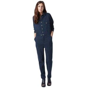 Topshop Indigo Blue Button-Front Long-Sleeve Utility Jumpsuit Size 4 Coveralls